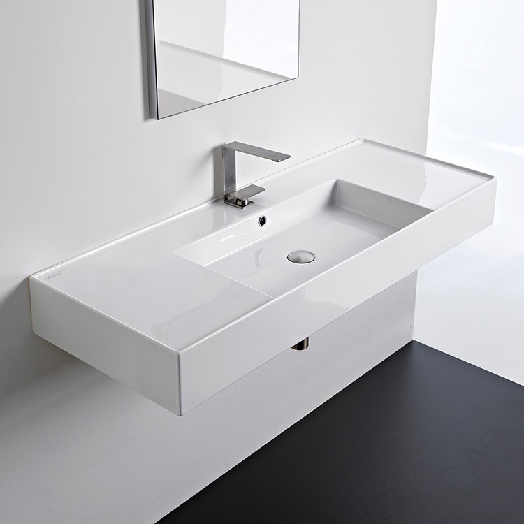 Nameeks 5125-One-Hole Scarabeo Rectangular Ceramic Wall Mounted or Vessel Sink With Counter Space - White