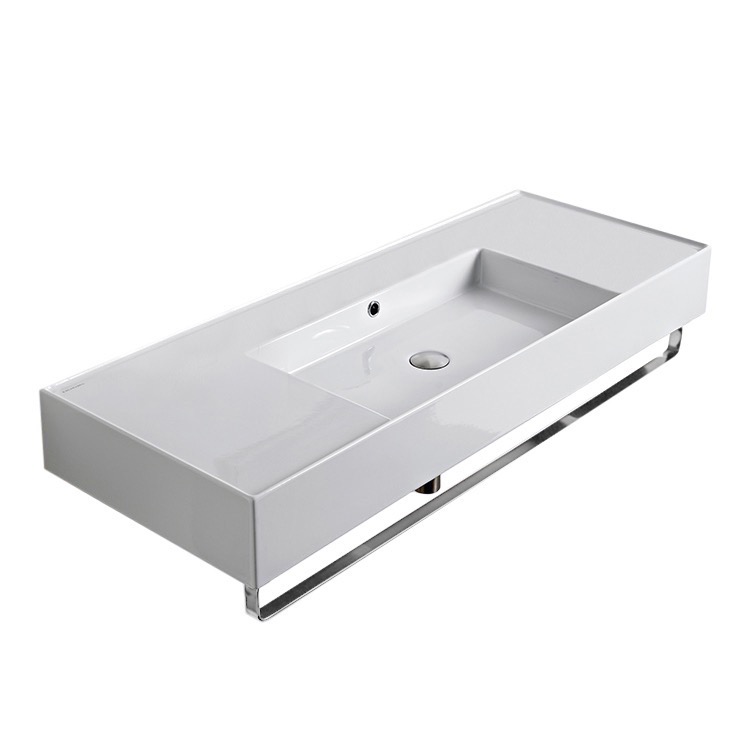 Nameeks 5125-TB-No-Hole Scarabeo Rectangular Ceramic Wall Mounted Sink With Counter Space, Includes Towel Bar - White