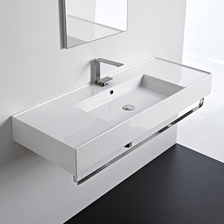 Nameeks 5125-TB-One-Hole Scarabeo Rectangular Ceramic Wall Mounted Sink With Counter Space, Includes Towel Bar - White