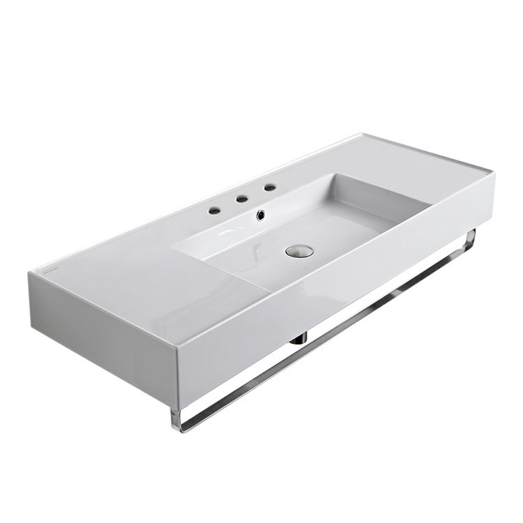 Nameeks 5125-TB-Three-Hole Scarabeo Rectangular Ceramic Wall Mounted Sink With Counter Space, Includes Towel Bar - White