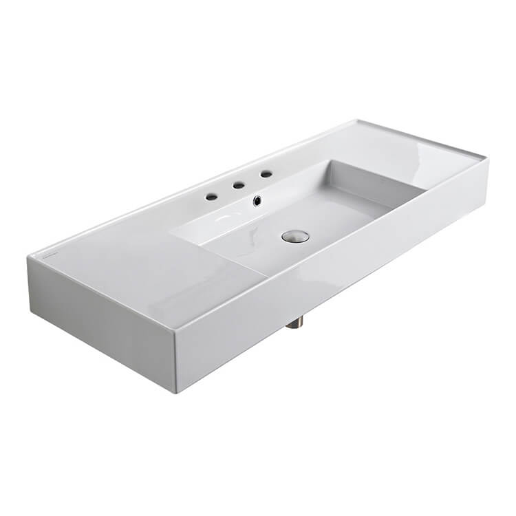 Nameeks 5125-Three-Hole Scarabeo Rectangular Ceramic Wall Mounted or Vessel Sink With Counter Space - White