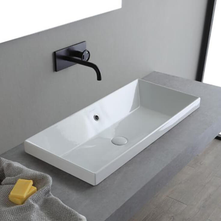 Nameeks 5132-No-Hole Scarabeo Rectangular White Ceramic Trough Drop In Sink - White