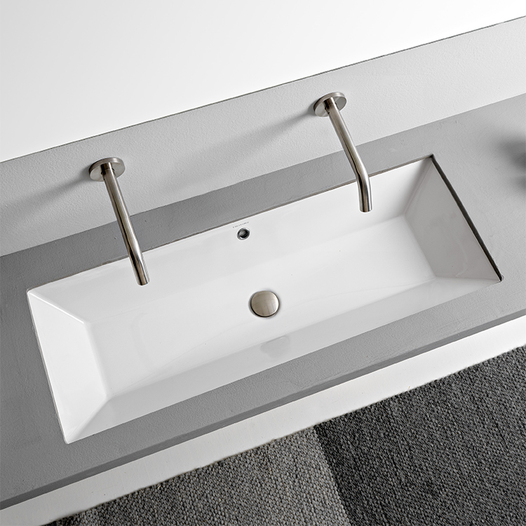 Nameeks 5137-No-Hole Scarabeo Rectangular White Ceramic Trough Undermount Sink - White