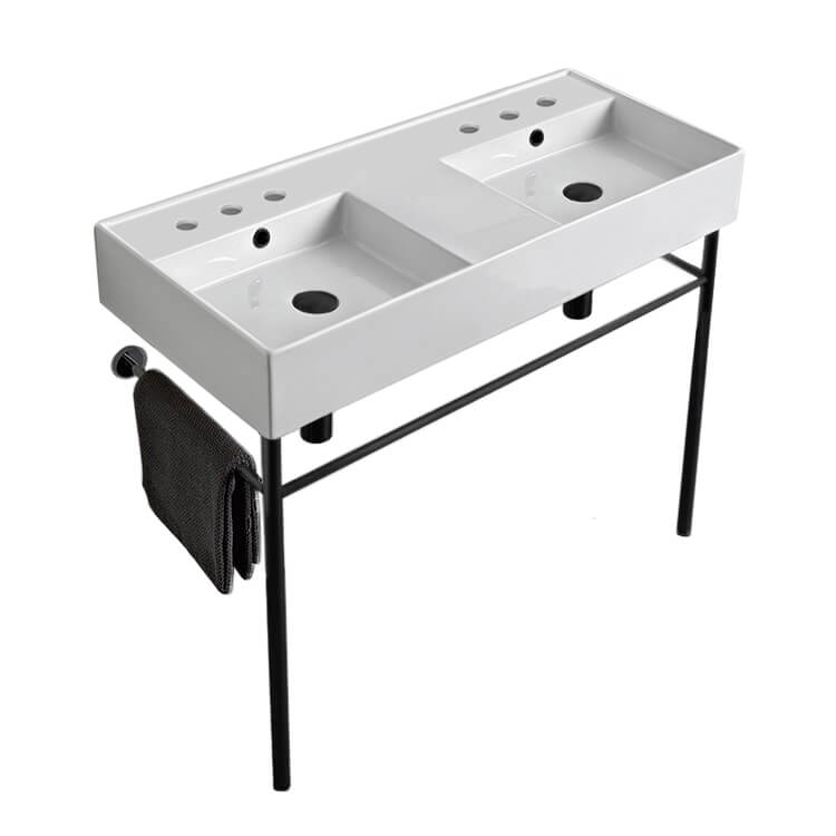 Nameeks 5142-CON-BLK-Six-Hole Scarabeo Teorema Ceramic Matte Black Console Sink Basin and Leg Combo - White