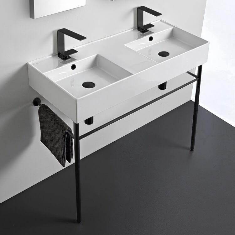 Nameeks 5142-CON-BLK-Two-Hole Scarabeo Teorema Ceramic Matte Black Console Sink Basin and Leg Combo - White