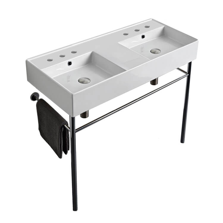 Nameeks 5142-CON-Six-Hole Scarabeo Teorema Ceramic White Console Sink Basin and Leg Combo - White