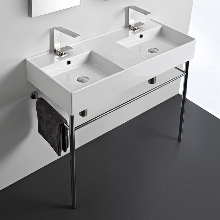 Nameeks 5142-CON-Two-Hole Scarabeo Teorema Ceramic White Console Sink Basin and Leg Combo - White