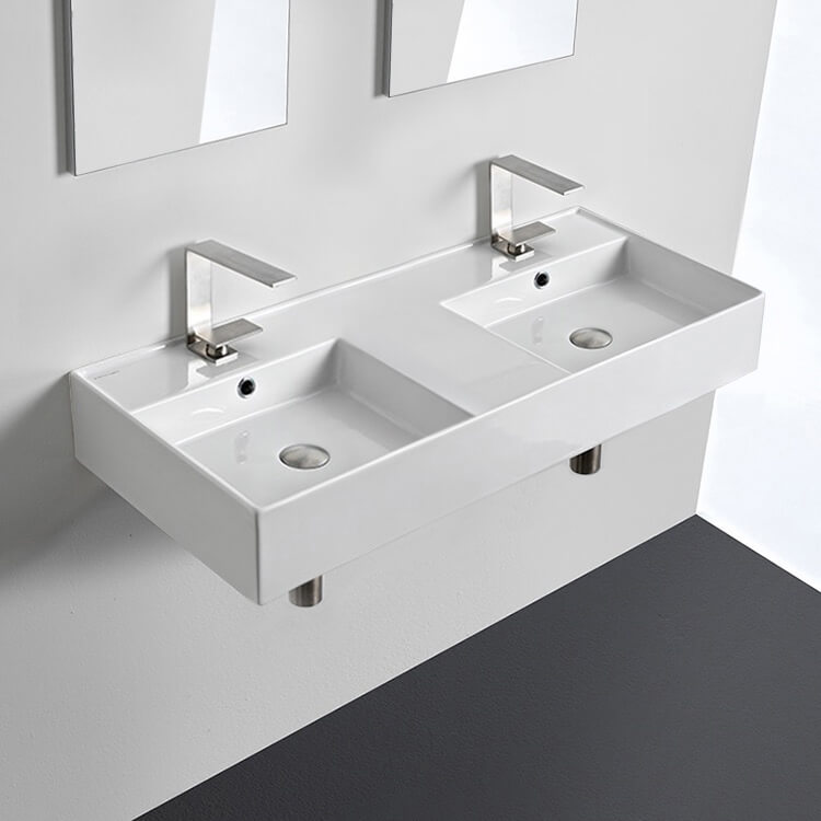 Nameeks 5142-Two-Hole Scarabeo Teorema 2 Rectangular Wall Mounted Bathroom Sink in White - White