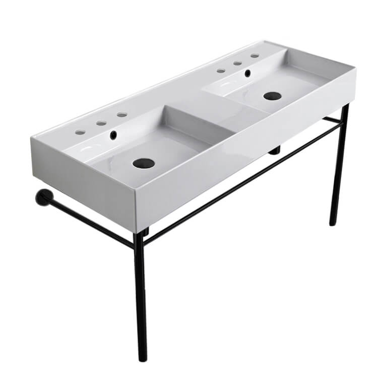 Nameeks 5143-CON-BLK-Six-Hole Scarabeo Teorema Ceramic Matte Black Console Sink Basin and Leg Combo - White