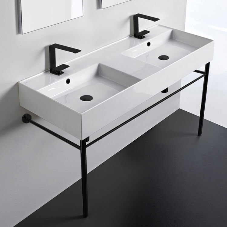 Nameeks 5143-CON-BLK-Two-Hole Scarabeo Teorema Ceramic Matte Black Console Sink Basin and Leg Combo - White