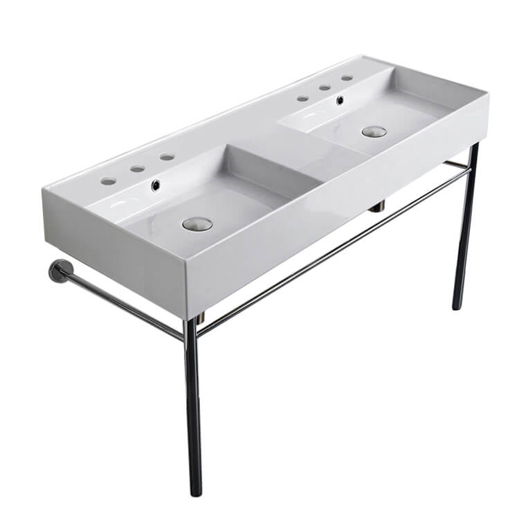 Nameeks 5143-CON-Six-Hole Scarabeo Teorema Ceramic White Console Sink Basin and Leg Combo - White