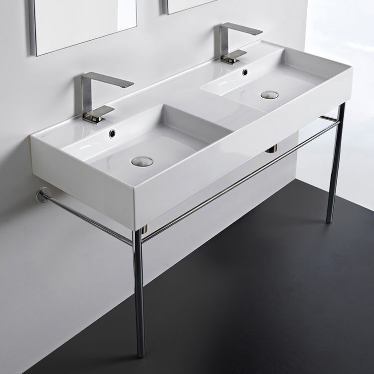 Nameeks 5143-CON-Two-Hole Scarabeo Teorema Ceramic White Console Sink Basin and Leg Combo - White