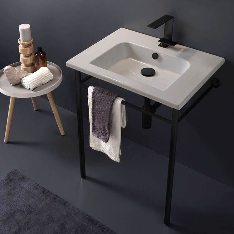 Nameeks 5210-CON-BLK-One-Hole Scarabeo Etra Ceramic Matte Black Console Sink Basin and Leg Combo - White