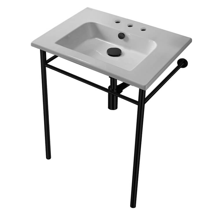 Nameeks 5210-CON-BLK-Three-Hole Scarabeo Etra Ceramic Matte Black Console Sink Basin and Leg Combo - White