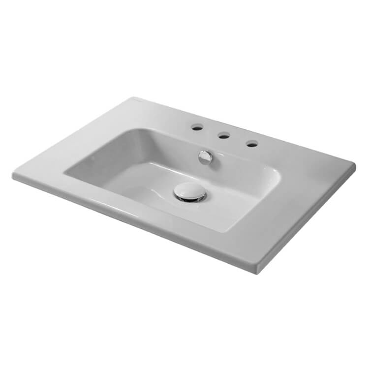 Nameeks 5210-Three-Hole Scarabeo Etra Rectangular Wall Mounted Bathroom Sink in White - White