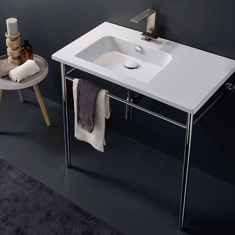 Nameeks 5211-CON-One-Hole Scarabeo Rectangular Ceramic Console Sink and Polished Chrome Stand - White