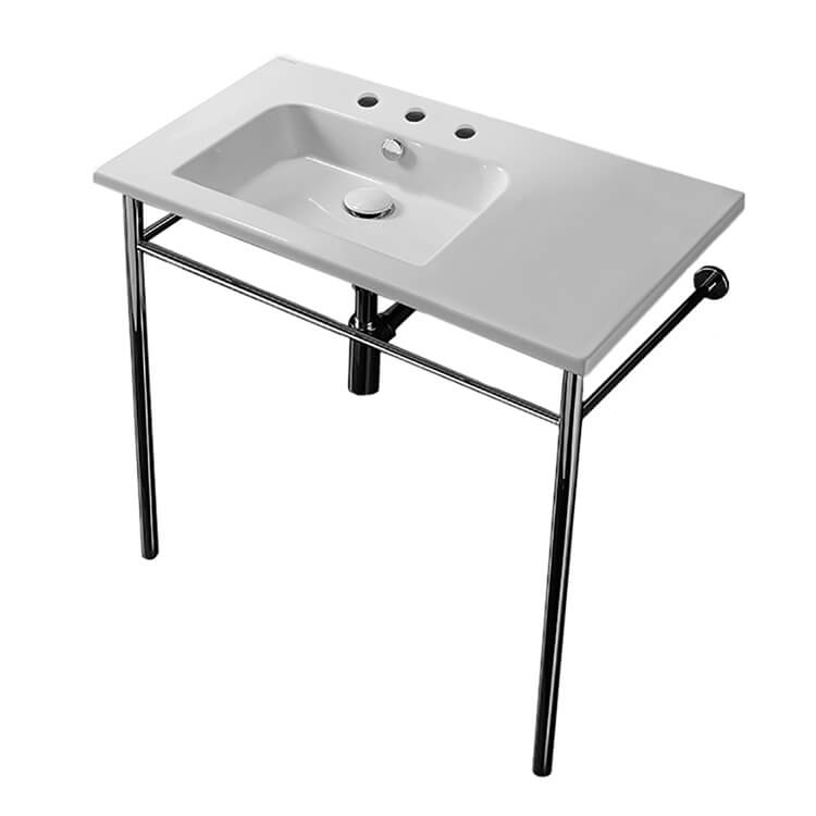 Nameeks 5211-CON-Three-Hole Scarabeo Rectangular Ceramic Console Sink and Polished Chrome Stand - White