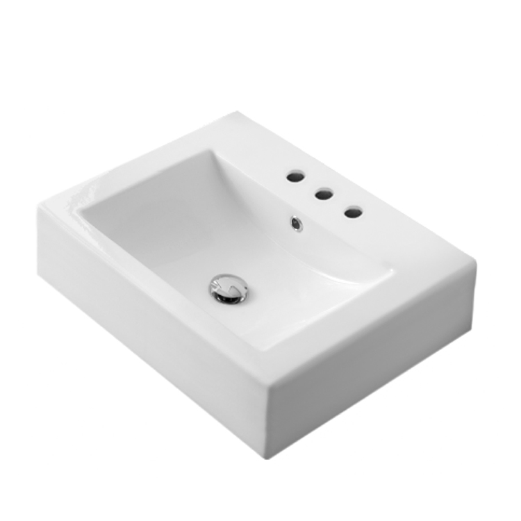 Nameeks 8007/B-Three-Hole Scarabeo Square White Ceramic Wall Mounted or Vessel Sink - White