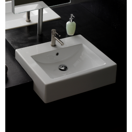 Nameeks 8007/D-One-Hole Scarabeo 24 Inch Square Ceramic Semi-Recessed Sink - White