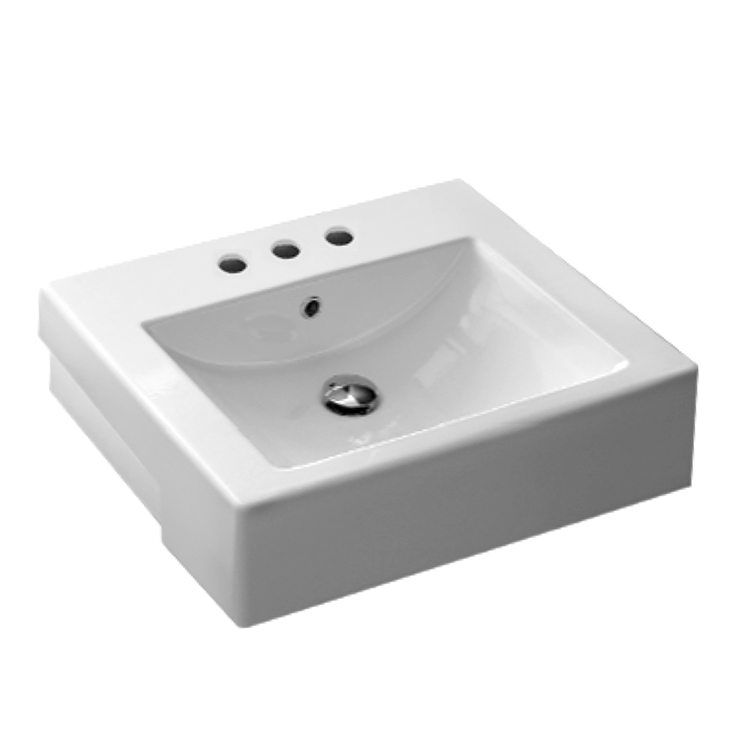 Nameeks 8007/D-Three-Hole Scarabeo 24 Inch Square Ceramic Semi-Recessed Sink - White