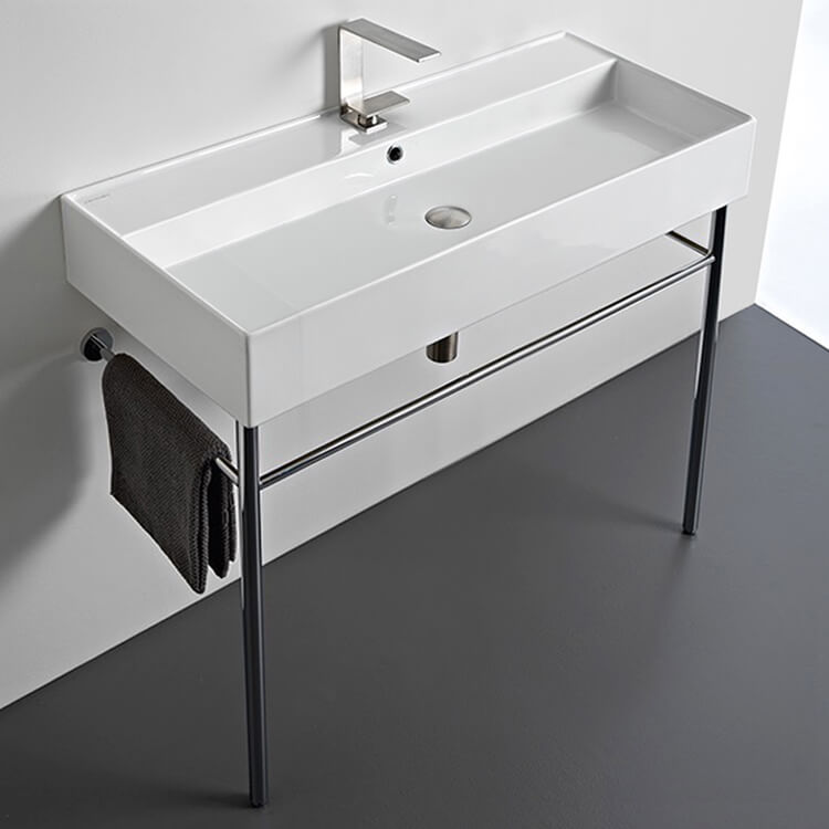 Nameeks 8031/R-100A-CON-One-Hole Scarabeo Large Rectangular Ceramic Console Sink and Polished Chrome Stand - White