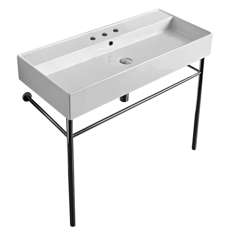 Nameeks 8031/R-100A-CON-Three-Hole Scarabeo Large Rectangular Ceramic Console Sink and Polished Chrome Stand - White