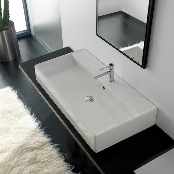 Nameeks 8031/R-100A-One-Hole Scarabeo Rectangular White Ceramic Wall Mounted or Vessel Sink - White