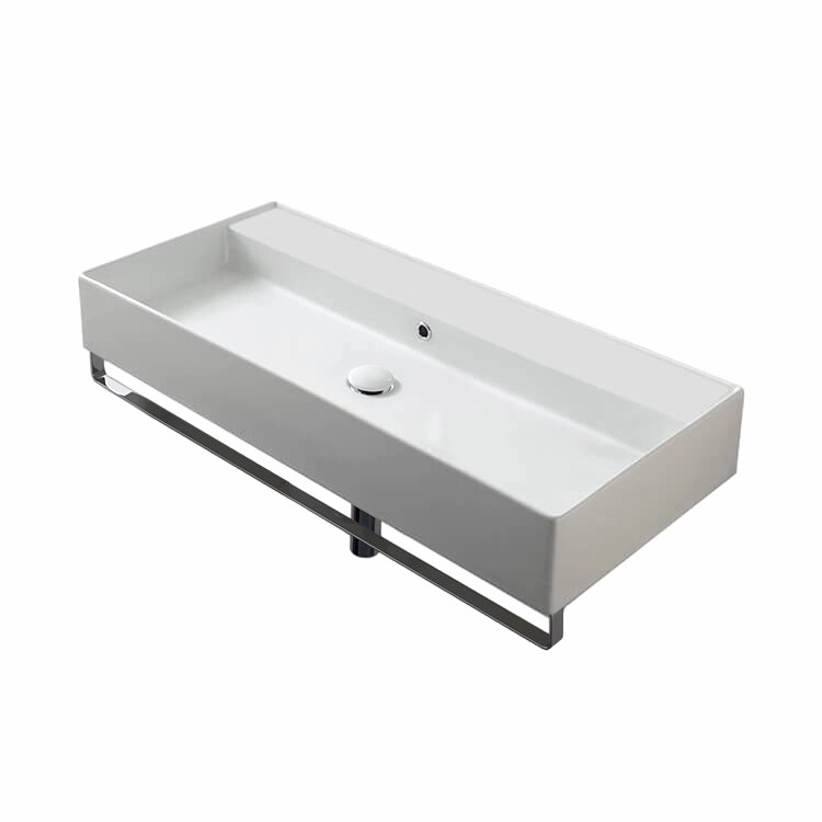 Nameeks 8031/R-100A-TB-No-Hole Scarabeo Rectangular Wall Mounted Ceramic Sink With Polished Chrome Towel Bar - White