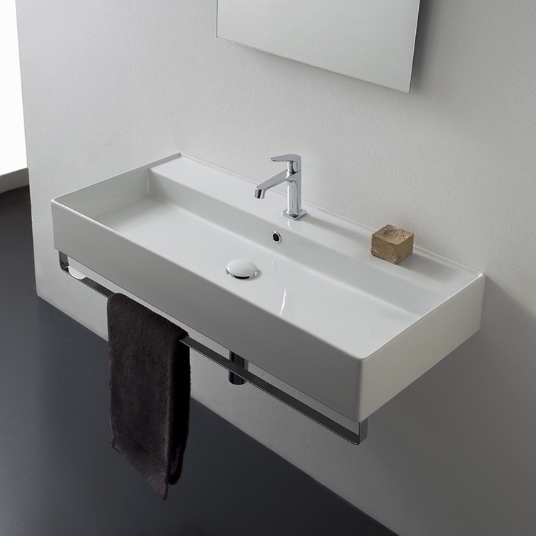 Nameeks 8031/R-100A-TB-One-Hole Scarabeo Rectangular Wall Mounted Ceramic Sink With Polished Chrome Towel Bar - White