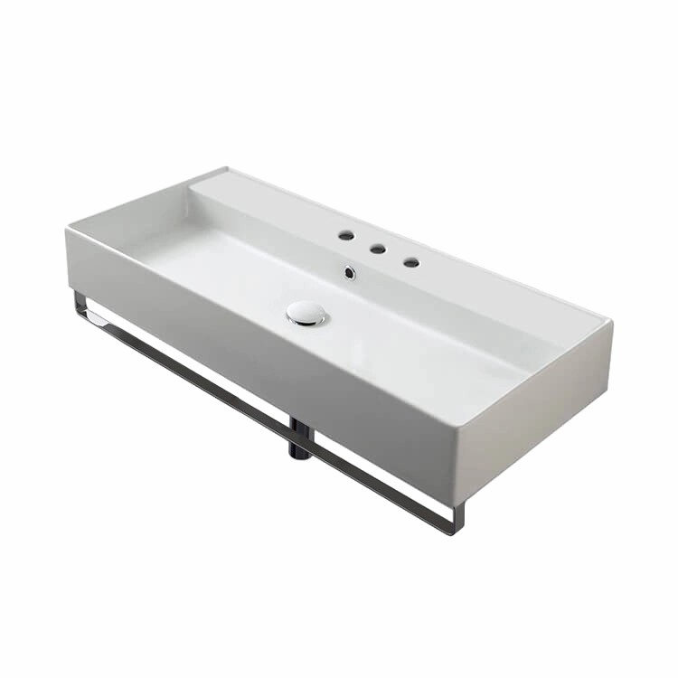 Nameeks 8031/R-100A-TB-Three-Hole Scarabeo Rectangular Wall Mounted Ceramic Sink With Polished Chrome Towel Bar - White