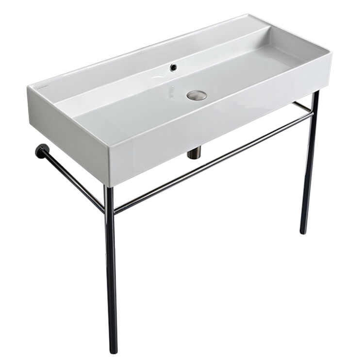 Nameeks 8031/R-100B-CON-No-Hole Scarabeo Large Double Ceramic Console Sink and Polished Chrome Stand - White