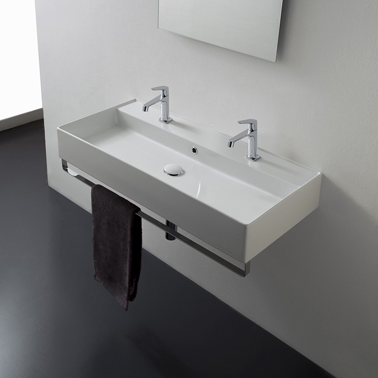 Nameeks 8031/R-100B-TB-Two-Hole Scarabeo Wall Mounted Double Ceramic Sink With Polished Chrome Towel Bar - White