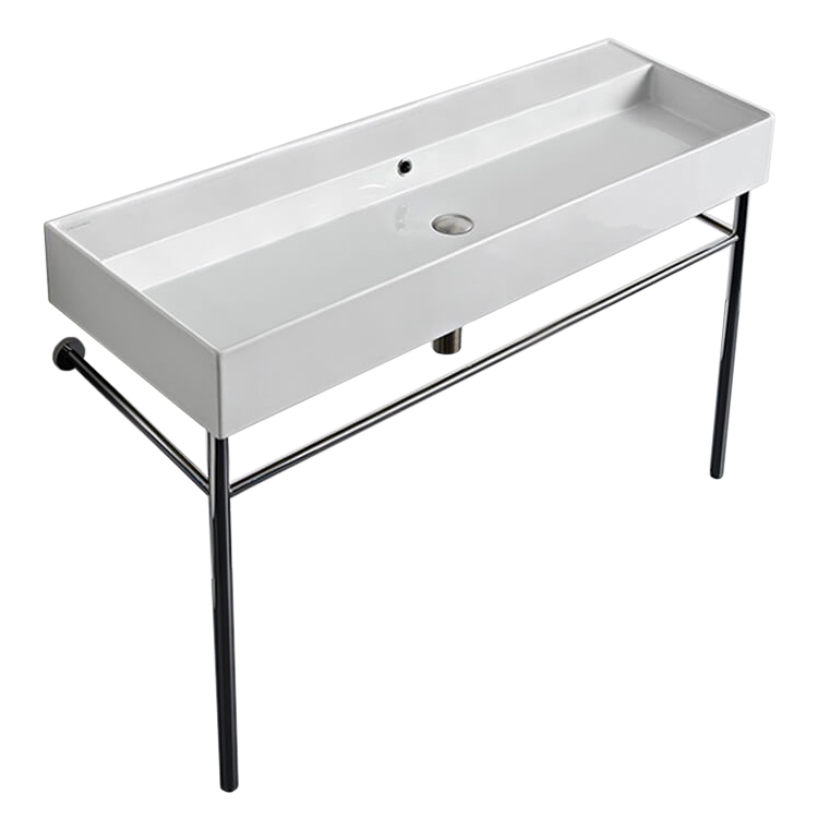 Nameeks 8031/R-120A-CON-No-Hole Scarabeo Large Rectangular Ceramic Console Sink and Polished Chrome Stand - White