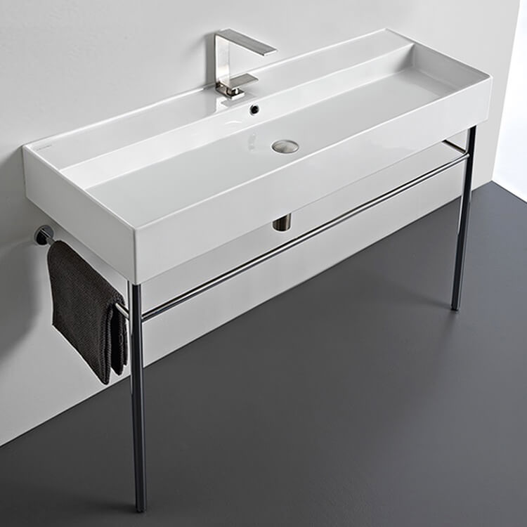 Nameeks 8031/R-120A-CON-One-Hole Scarabeo Large Rectangular Ceramic Console Sink and Polished Chrome Stand - White