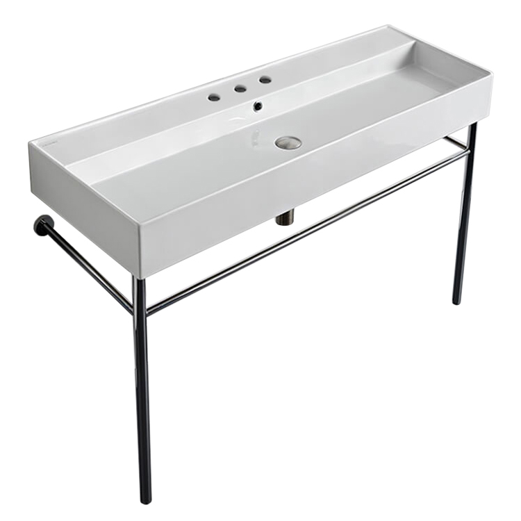 Nameeks 8031/R-120A-CON-Three-Hole Scarabeo Large Rectangular Ceramic Console Sink and Polished Chrome Stand - White