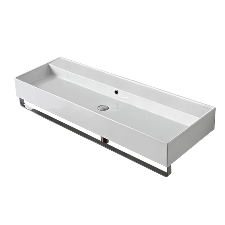 Nameeks 8031/R-120A-TB-No-Hole Scarabeo Rectangular Wall Mounted Ceramic Sink With Polished Chrome Towel Bar - White