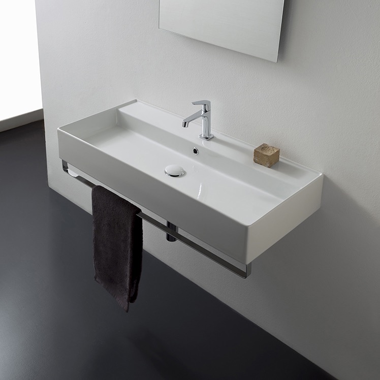 Nameeks 8031/R-120A-TB-One-Hole Scarabeo Rectangular Wall Mounted Ceramic Sink With Polished Chrome Towel Bar - White