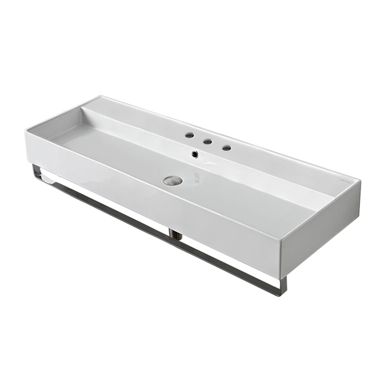 Nameeks 8031/R-120A-TB-Three-Hole Scarabeo Rectangular Wall Mounted Ceramic Sink With Polished Chrome Towel Bar - White