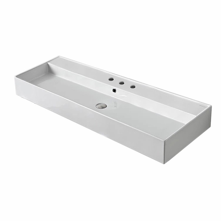 Nameeks 8031/R-120A-Three-Hole Scarabeo Rectangular White Ceramic Wall Mounted or Vessel Sink - White