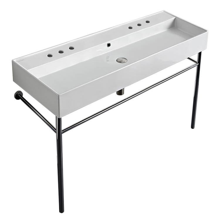 Nameeks 8031/R-120B-CON-Six-Hole Scarabeo Large Double Ceramic Console Sink and Polished Chrome Stand - White