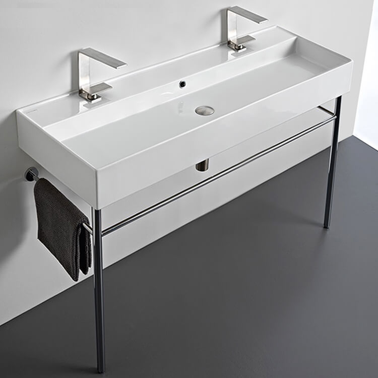 Nameeks 8031/R-120B-CON-Two-Hole Scarabeo Large Double Ceramic Console Sink and Polished Chrome Stand - White