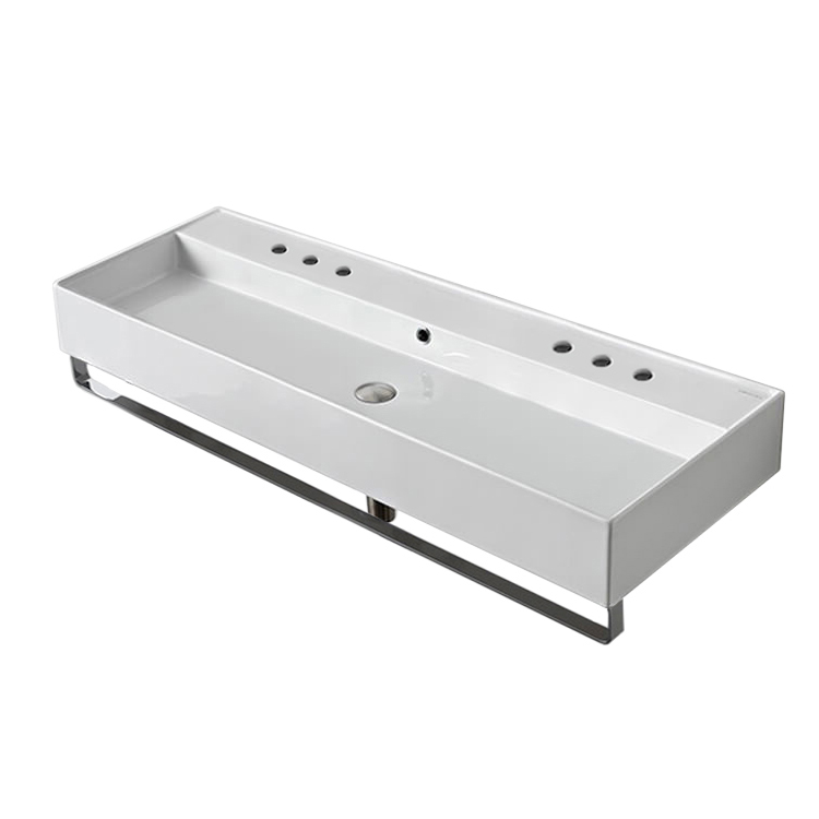 Nameeks 8031/R-120B-TB-Six-Hole Scarabeo Wall Mounted Double Ceramic Sink With Polished Chrome Towel Bar - White