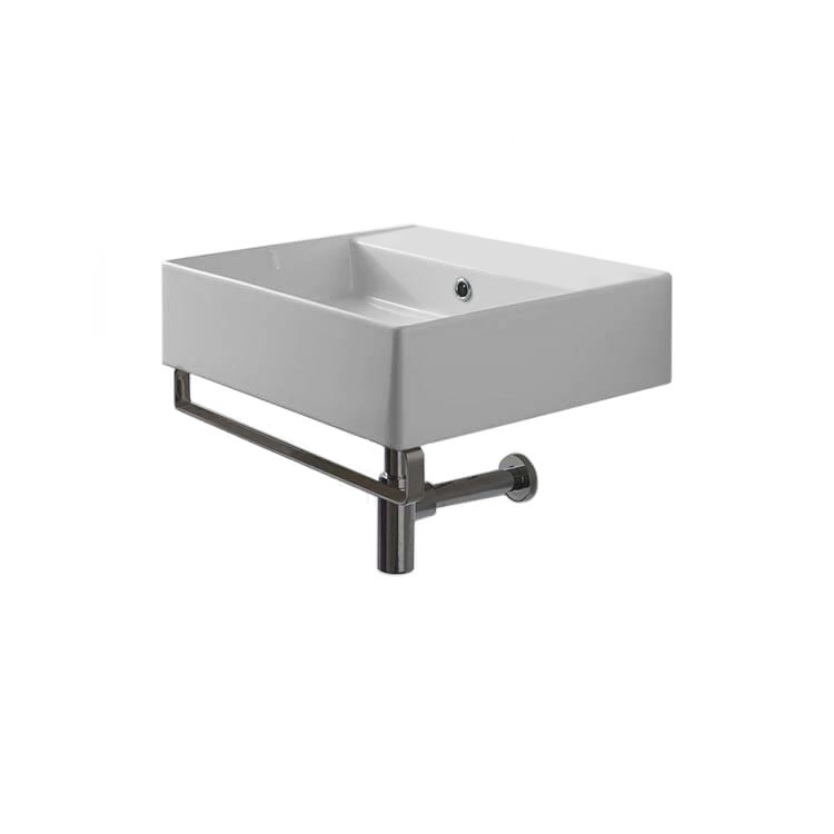 Nameeks 8031/R-40-TB-No-Hole Scarabeo Square Wall Mounted Ceramic Sink With Polished Chrome Towel Bar - White