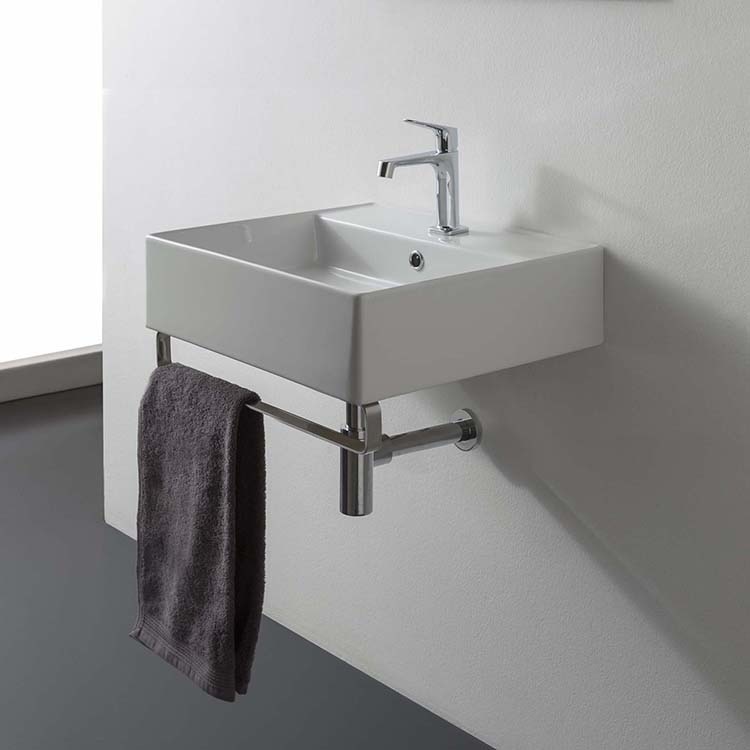 Nameeks 8031/R-40-TB-One-Hole Scarabeo Square Wall Mounted Ceramic Sink With Polished Chrome Towel Bar - White