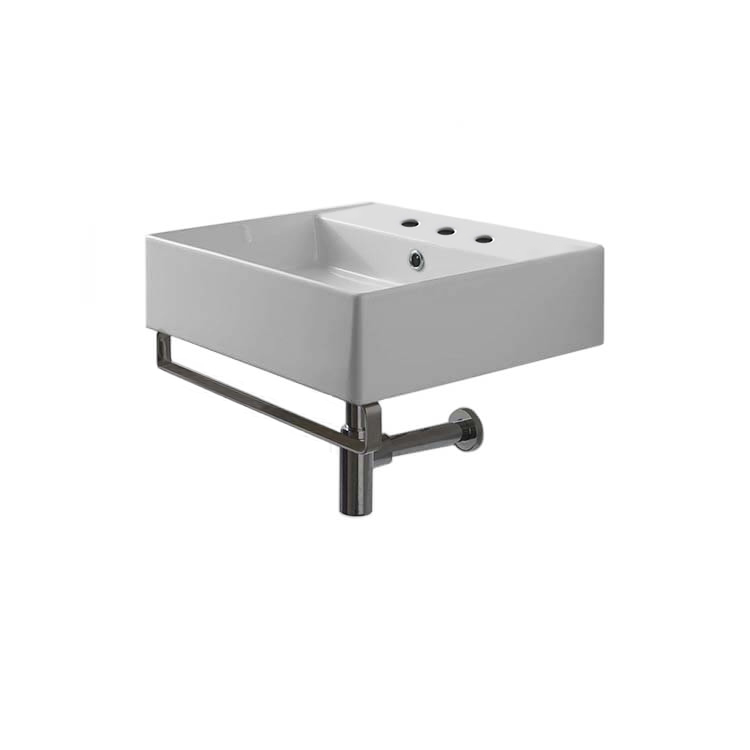 Nameeks 8031/R-40-TB-Three-Hole Scarabeo Square Wall Mounted Ceramic Sink With Polished Chrome Towel Bar - White