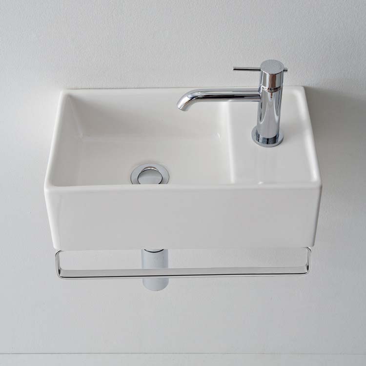 Nameeks 8031/R-41-TB-One-Hole Scarabeo Small Wall Mounted Ceramic Sink With Polished Chrome Towel Bar - White