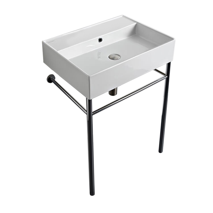 Nameeks 8031/R-60-CON-No-Hole Scarabeo Rectangular Ceramic Console Sink and Polished Chrome Stand - White