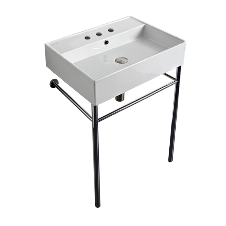 Nameeks 8031/R-60-CON-Three-Hole Scarabeo Rectangular Ceramic Console Sink and Polished Chrome Stand - White