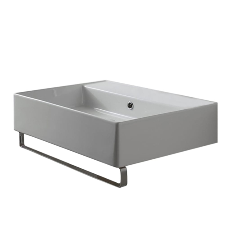 Nameeks 8031/R-60-TB-No-Hole Scarabeo Rectangular Wall Mounted Ceramic Sink With Polished Chrome Towel Bar - White