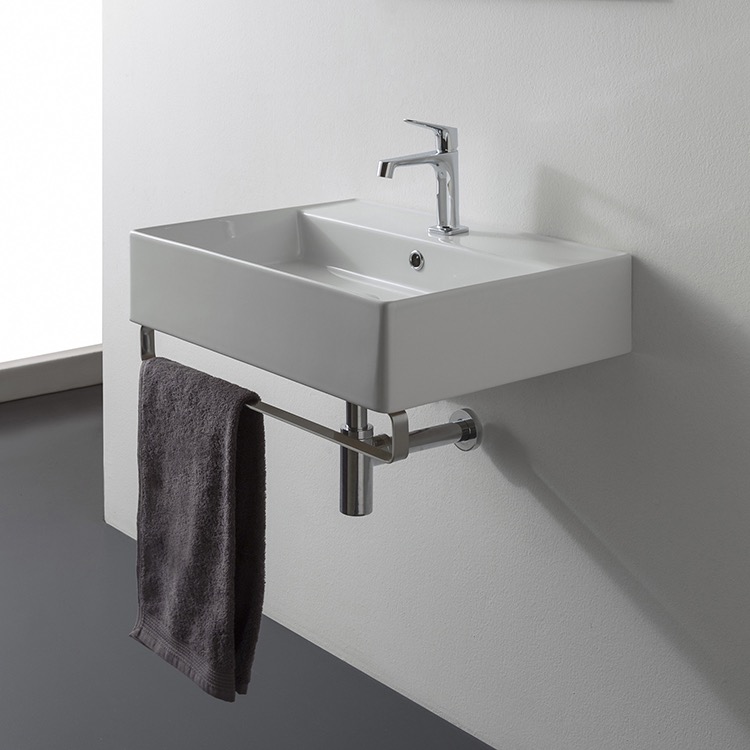 Nameeks 8031/R-60-TB-One-Hole Scarabeo Rectangular Wall Mounted Ceramic Sink With Polished Chrome Towel Bar - White